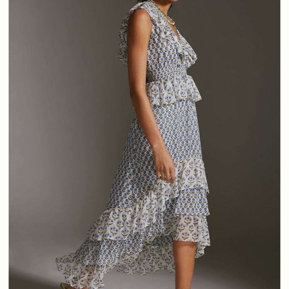 MISA Los Angeles Ruffled-Tiered Midi Dress  Ingrid dress Size M. Blue Floral